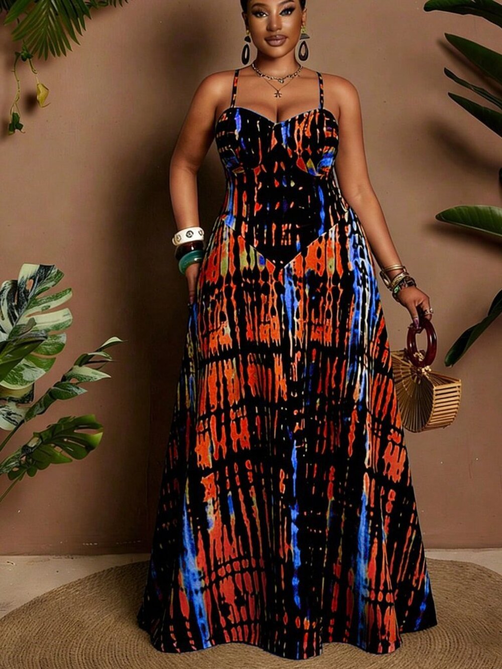 multicolor Boho Women's Plus Size tie dye Printed Sexy spagetti strap maxi Dress - Picture 5 of 7